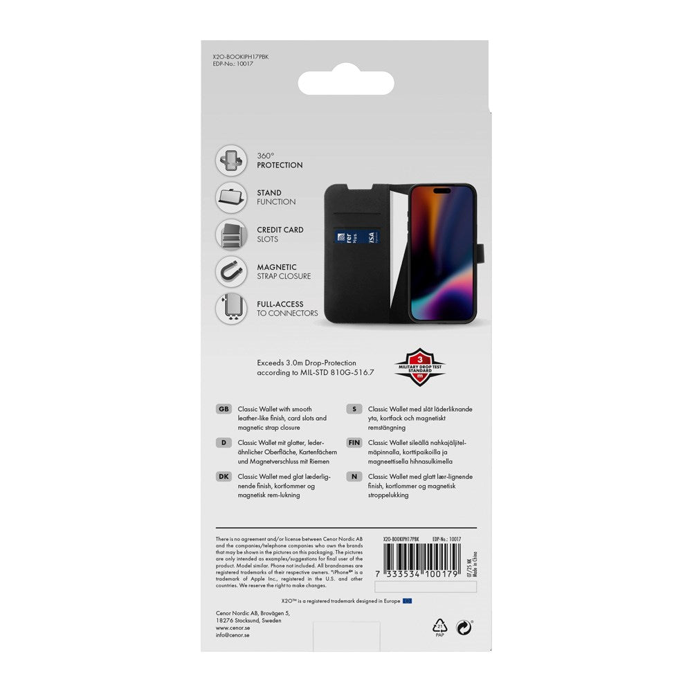 X2O iPhone 17 Pro Classic Wallet Flip Deksel - Kortholder & Stativfunksjon - Svart