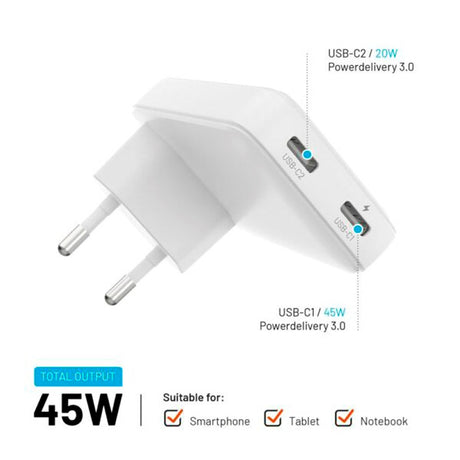 Fixed Slim GaN USB-C Lader - 2 Porter - Hurtiglading - Hvit