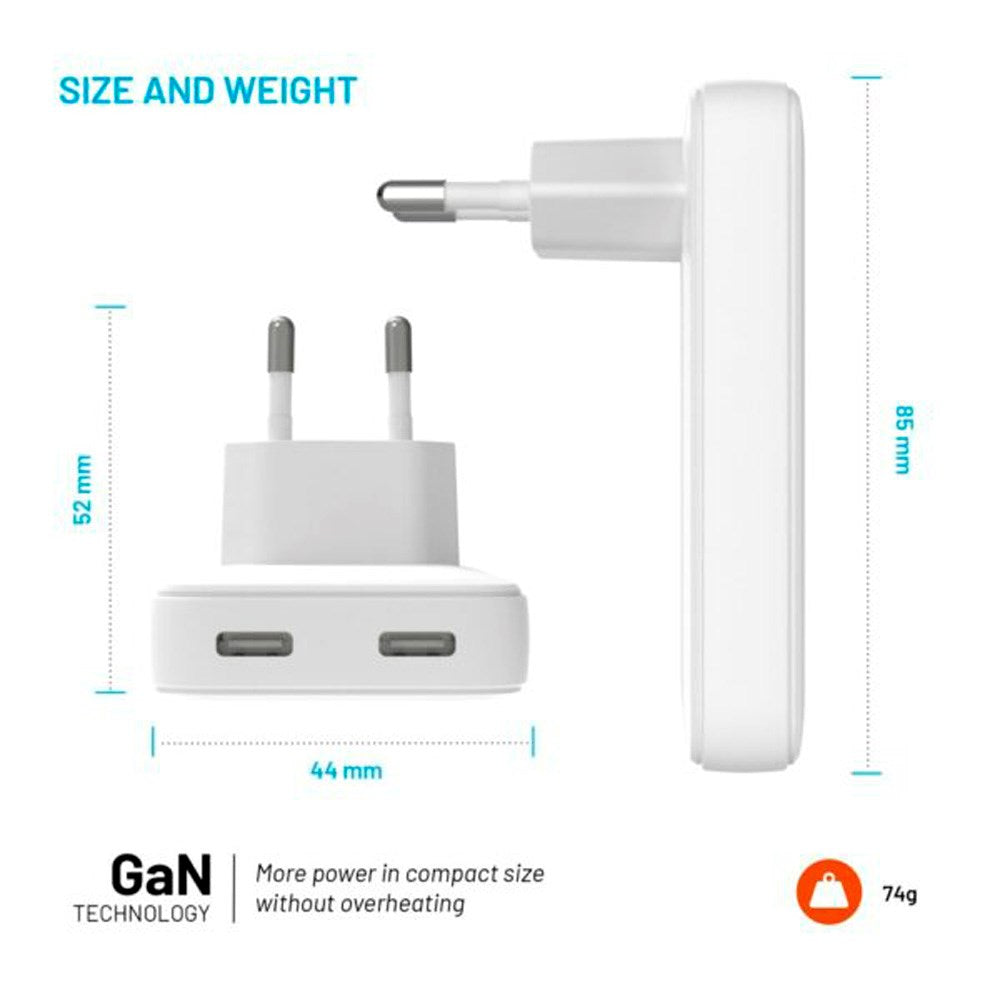 Fixed Slim GaN USB-C Lader - 2 Porter - Hurtiglading - Hvit