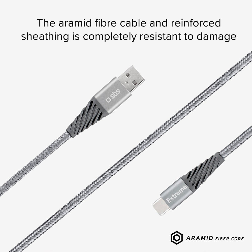 SBS Extreme Collection USB-A til USB-C Flettet Aramidfiberkabel - 1,5 meter - 480 Mbit/s - Svart