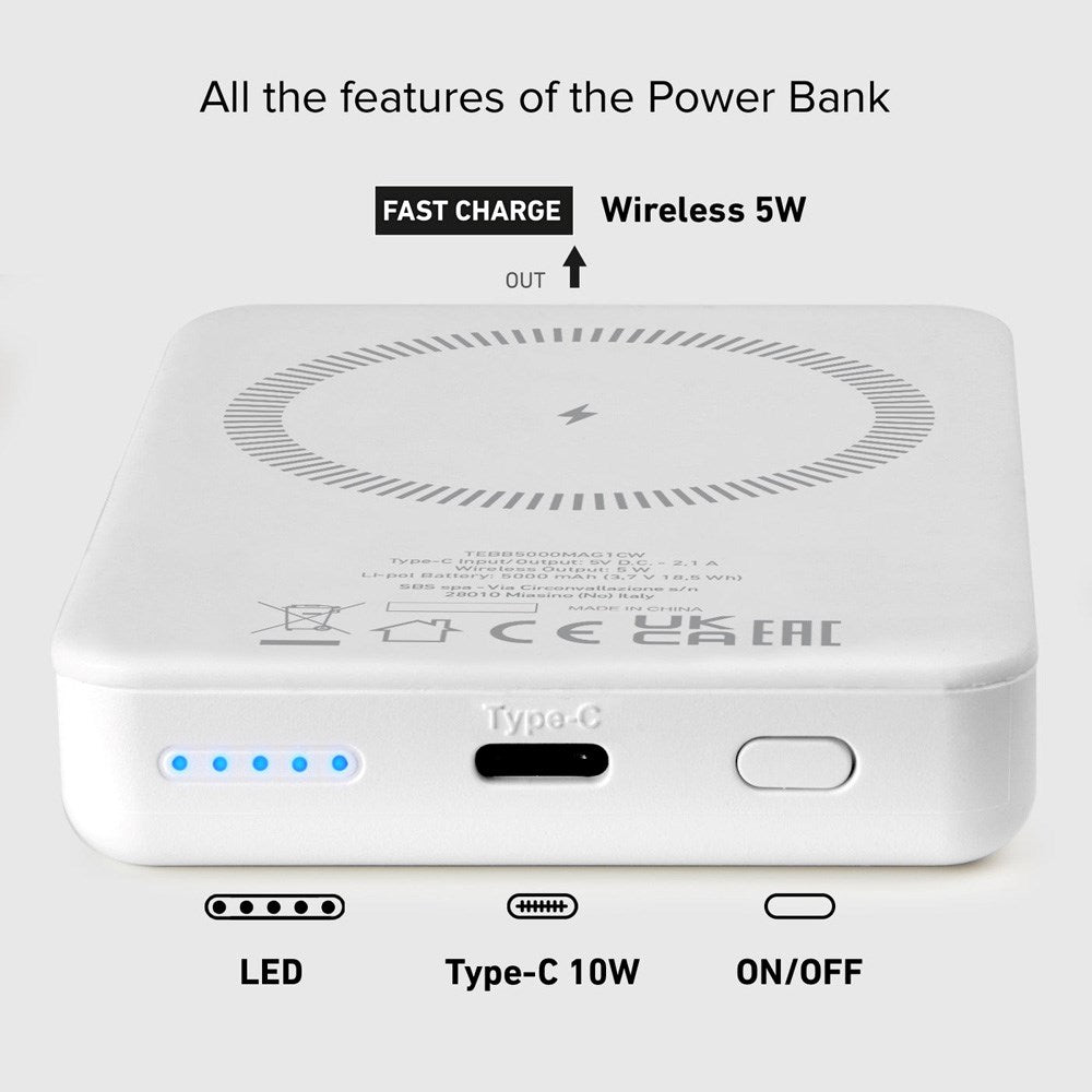 SBS Mag PowerBank 5000 mAh med USB-C og Trådløs Lading - Hvit