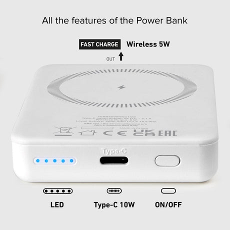 SBS Mag PowerBank 5000 mAh med USB-C og Trådløs Lading - Hvit