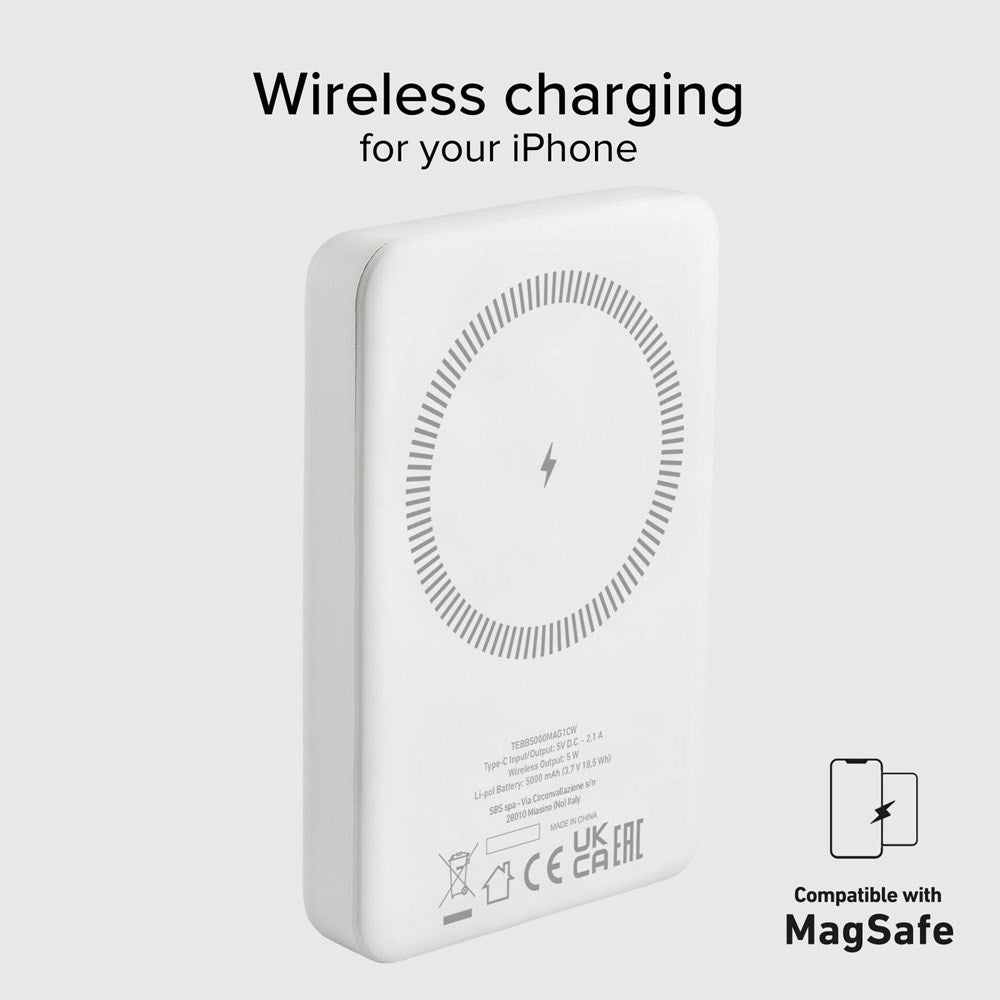 SBS Mag PowerBank 5000 mAh med USB-C og Trådløs Lading - Hvit