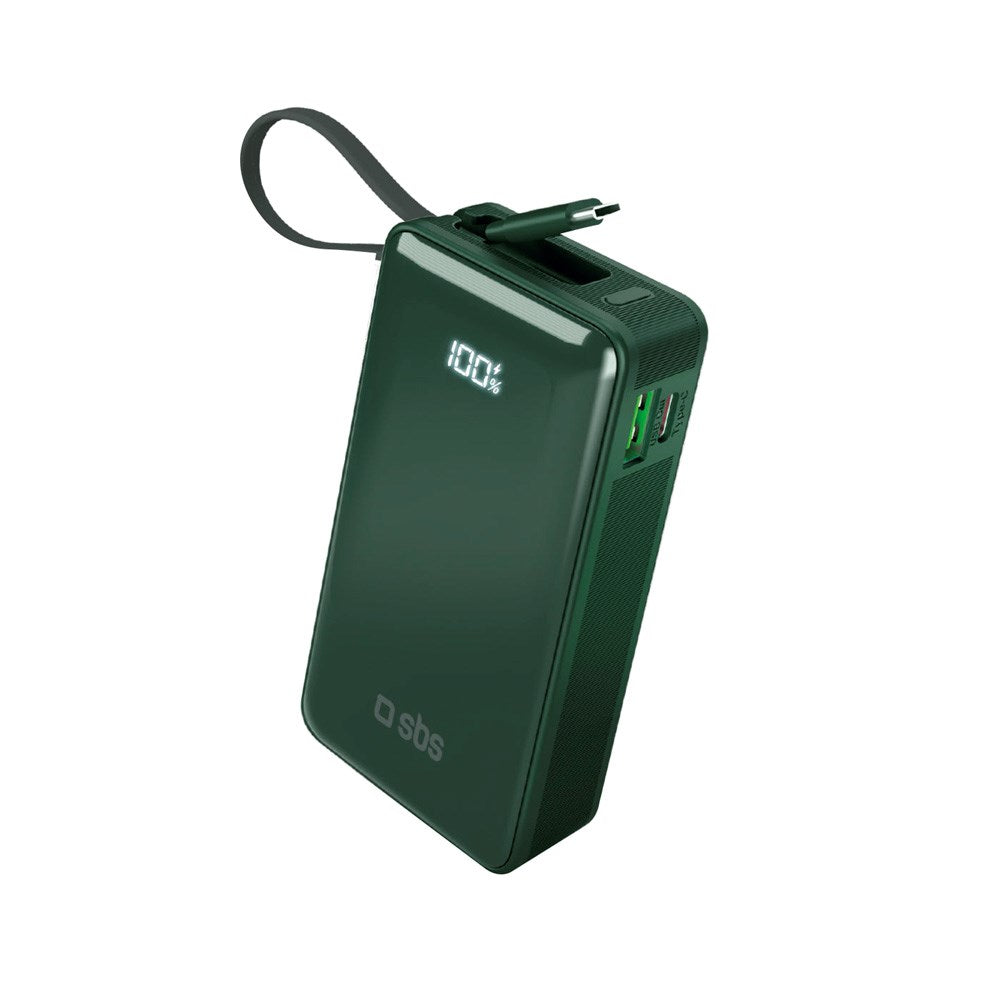 SBS - 20W LCD PowerBank m. 1x USB-A & 1x USB-C - 10.000 mAh - Grønn