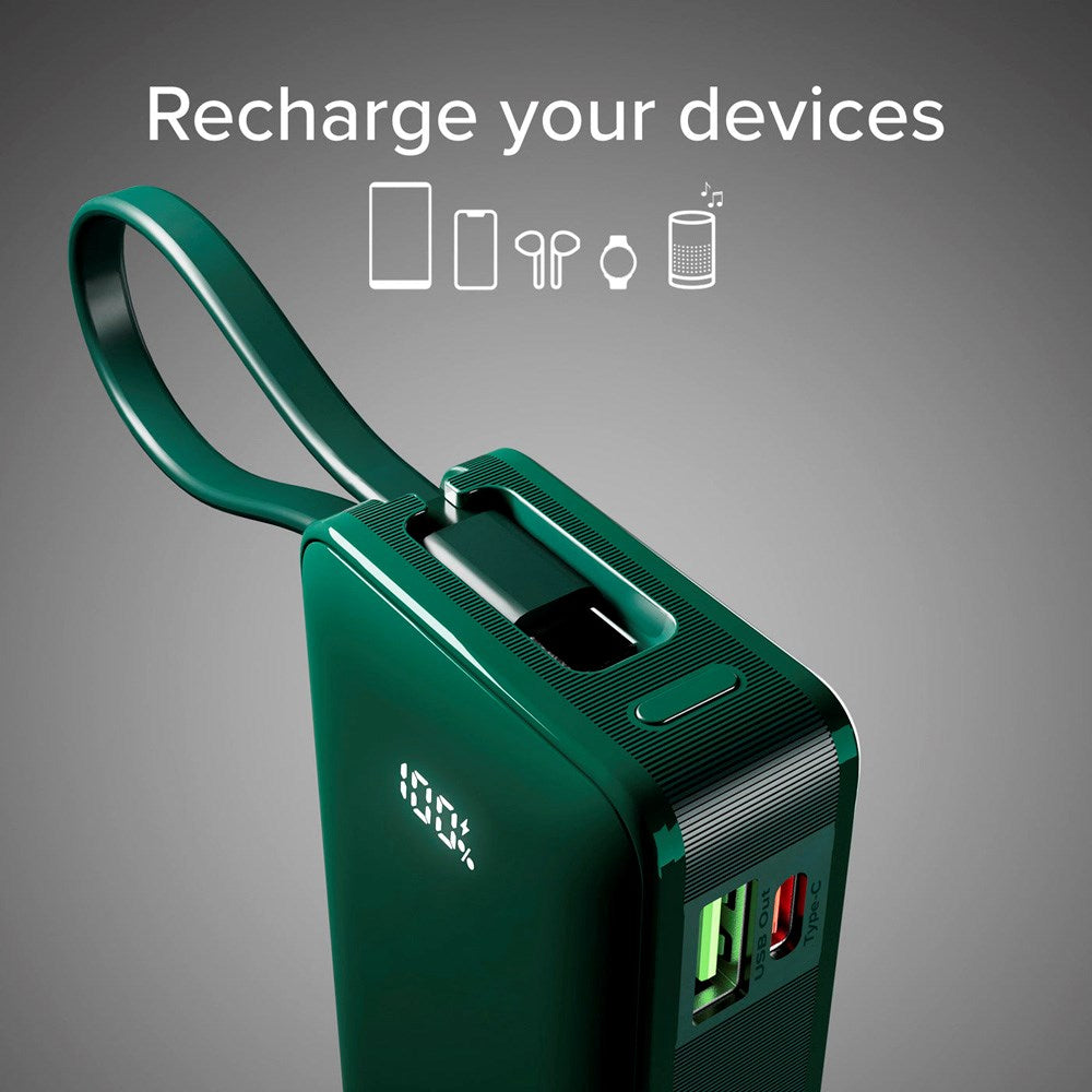 SBS - 20W LCD PowerBank m. 1x USB-A & 1x USB-C - 10.000 mAh - Grønn