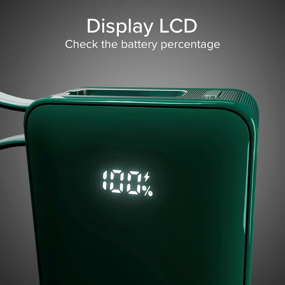 SBS - 20W LCD PowerBank m. 1x USB-A & 1x USB-C - 10.000 mAh - Grønn