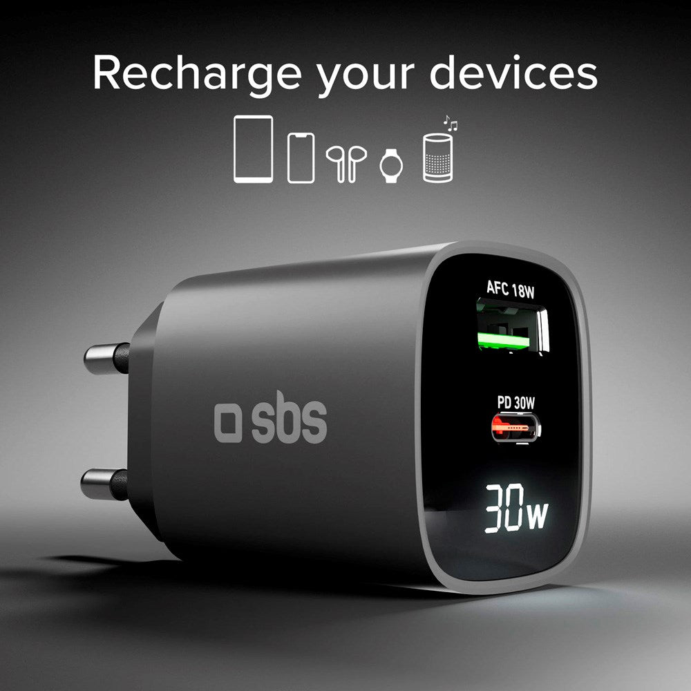 SBS - 30W LCD Vegglader m. 1x USB-A & 1x USB-C - Svart