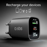 SBS - 30W LCD Vegglader m. 1x USB-A & 1x USB-C - Svart