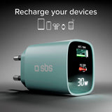 SBS - 30W LCD Vegglader m. 1x USB-A & 1x USB-C - Lysblå