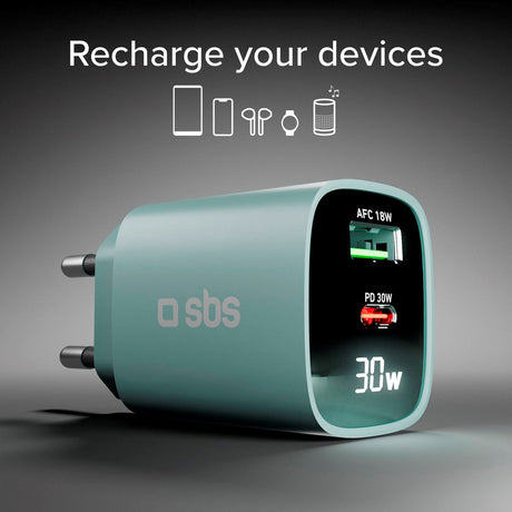 SBS - 30W LCD Vegglader m. 1x USB-A & 1x USB-C - Lysblå