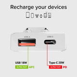 SBS 20W Flexi Sammenleggbar Vegglader m. 1x USB-A & 1x USB-C - Hvit