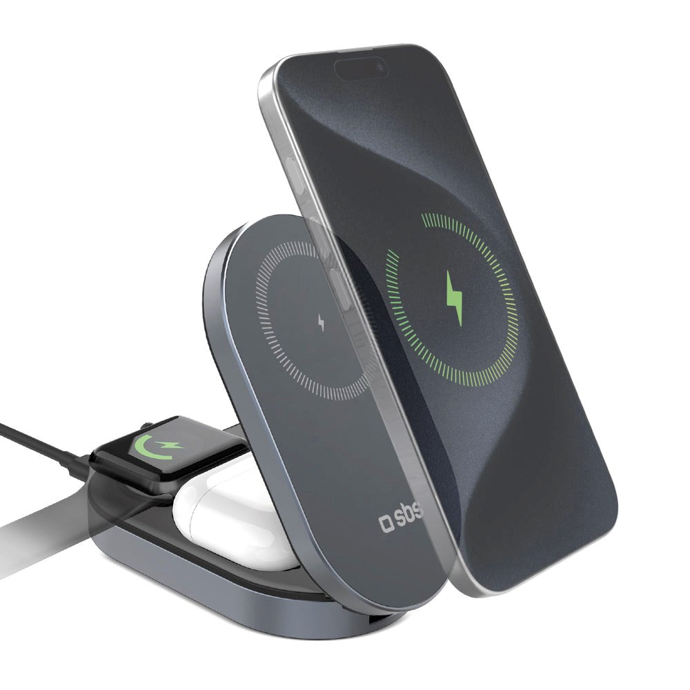 SBS Qi2 3-i-1 Foldbar Trådløs Lader - MagSafe Kompatibel - Svart
