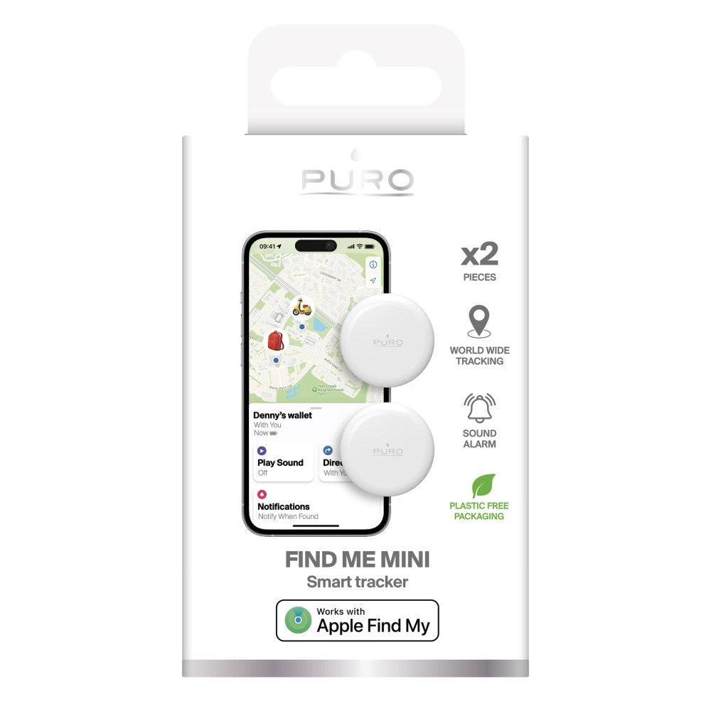 Puro Find Me Mini Dual Smart Tracker - Apple Find My & Android Find Hub - 2 stk - Hvit