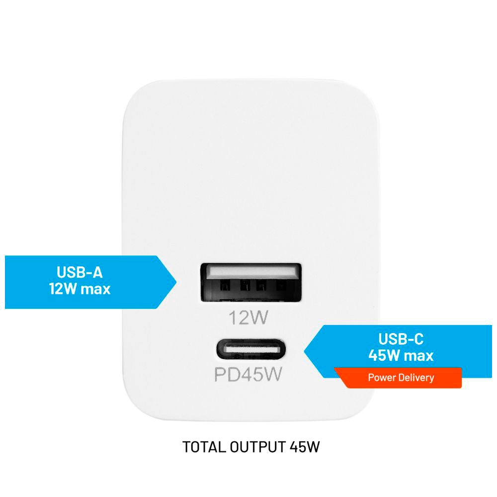 Fast Mini Vegglader 45W m. USB-A & USB-C - Hvit