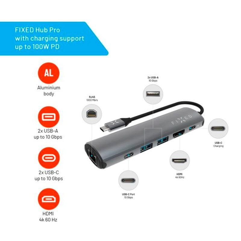 Fixed 100W HubPro 6-i-1 USB-C Multiport Adapter - Grå