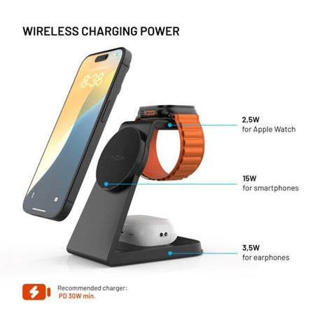 Fast 3-i-1 Trådløs Ladestasjon 15W - Smartphone / Apple Watch / AirPods - Svart