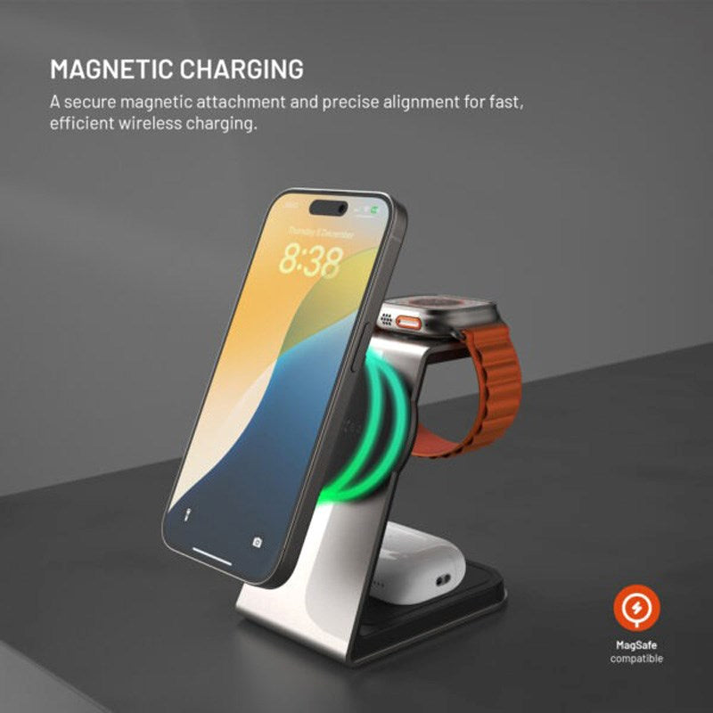 Fast 3-i-1 Trådløs Ladestasjon 15W - Smartphone / Apple Watch / AirPods - Titanium