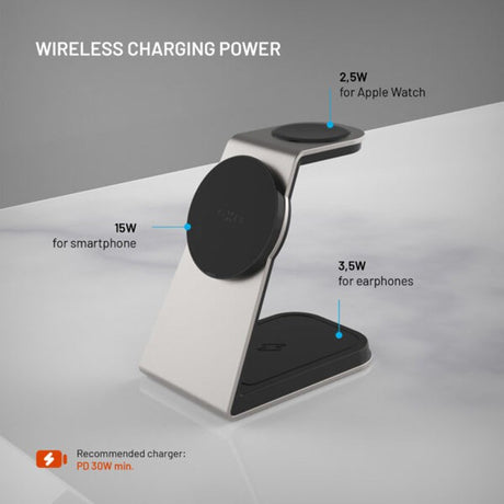 Fast 3-i-1 Trådløs Ladestasjon 15W - Smartphone / Apple Watch / AirPods - Titanium