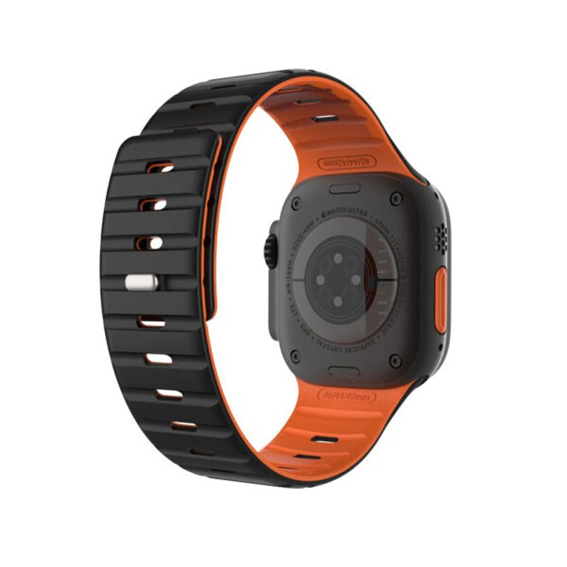 Apple Watch (42/44/SE/45/46/49 mm) Fixed Magnetisk Silikonrem – Svart / Oransje