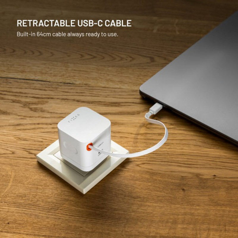 Fixed 65W USB-C Vegglader med Uttrekkbar USB-C Kabel – Hvit