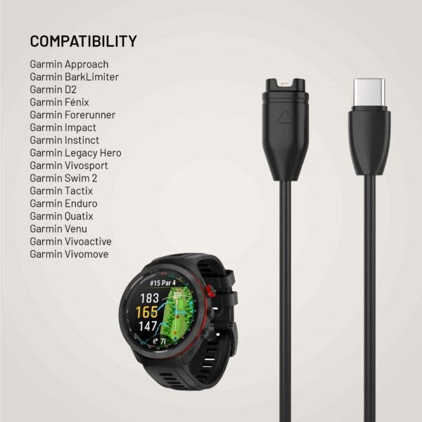 Fixed USB-C Ladekabel for Garmin Smartklokke - 2m - Svart