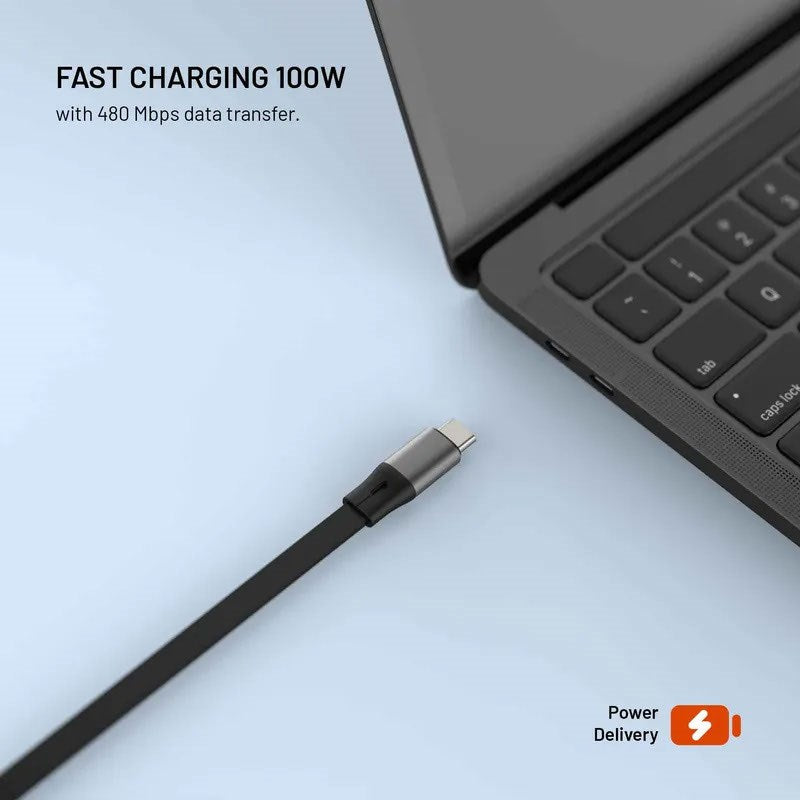 Fixed Uttrekkbar 100W USB-C til USB-C-Kabel - 1m - Svart