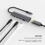 Fixed 5-i-1 USB-C Multiport med 3 x USB-C 1 x USB-A 1 x HDMI - Sølv