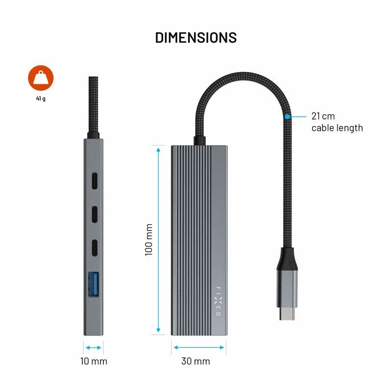 Fixed 5-i-1 USB-C Multiport med 3 x USB-C 1 x USB-A 1 x HDMI - Sølv