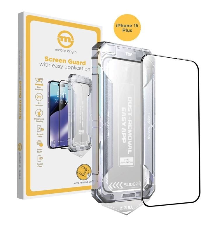 iPhone 15 Plus Mobile Origin Skjermbeskyttelsesglass m. Applikator - Gjennomsiktig / Svart Kant