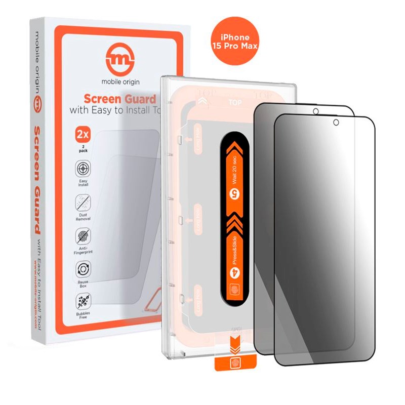 iPhone 15 Pro Max Mobile Origin Beskyttelsesglass m. Privacy Funksjon - Case Friendly - 2 stk - Svart Kant