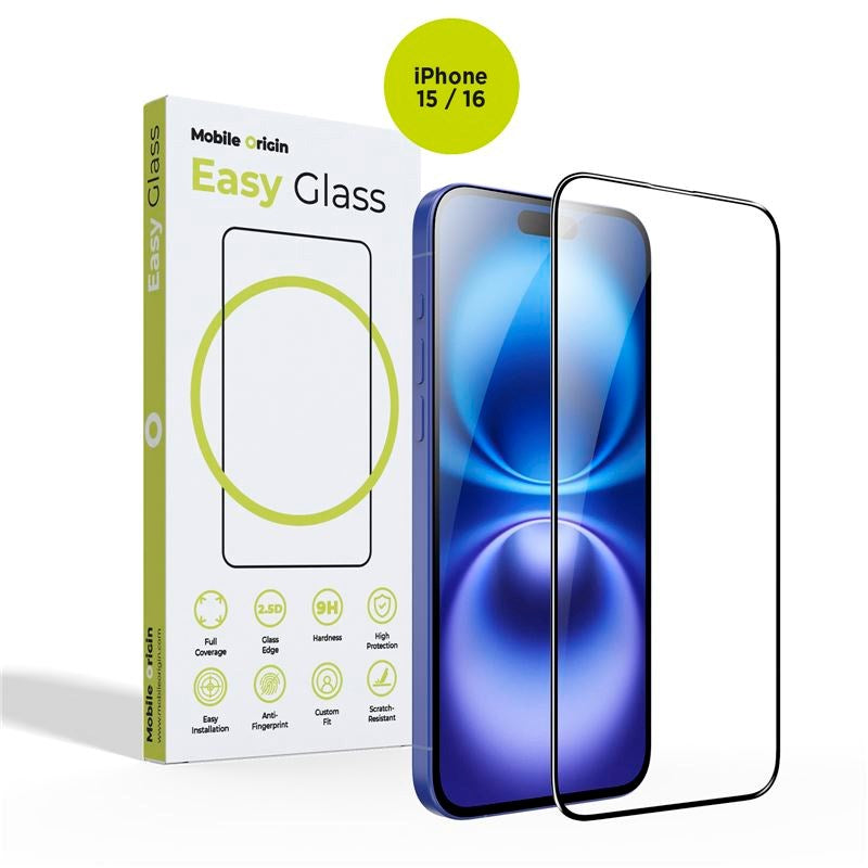 iPhone 15 / 16 Mobile Origin EasyGlass Skjermbeskyttelsesglass - Gjennomsiktig / Svart Kant
