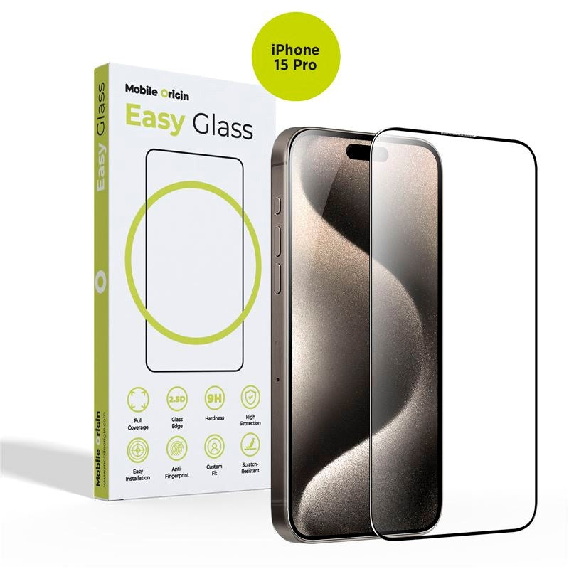 iPhone 15 Pro Mobile Origin EasyGlass Skjermbeskytter - Gjennomsiktig / Svart Kant