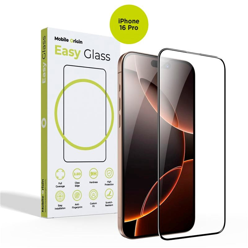 iPhone 16 Pro Mobile Origin EasyGlass Skjermbeskyttelsesglass - Gjennomsiktig / Svart Kant
