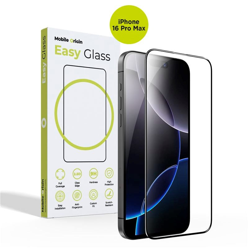 iPhone 16 Pro Max Mobile Origin EasyGlass Skjermbeskyttelsesglass - Gjennomsiktig / Svart Kant