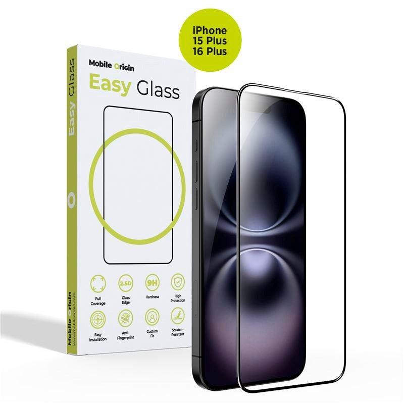 iPhone 15 Plus / 16 Plus Mobile Origin EasyGlass Skjermbeskytter - Gjennomsiktig / Svart Kant