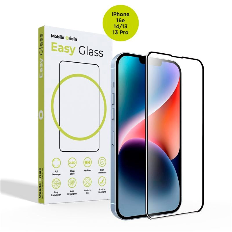 iPhone 17e / 16e / 14 / 13 / 13 Pro Mobile Origin EasyGlass Skjermbeskytter - Gjennomsiktig / Svart Kant