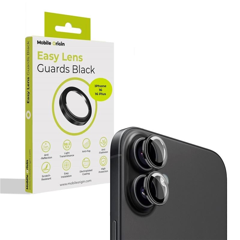 iPhone 16 / 16 Plus Mobile Origin Easy Lens Guard -Kameralinsebeskytter - Svart