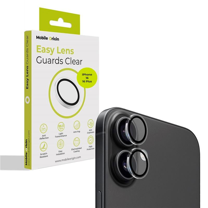 Mobile Origin Easy Lens Guard - Gjennomsiktig Kameralinsebeskytter - iPhone 16/16 Plus
