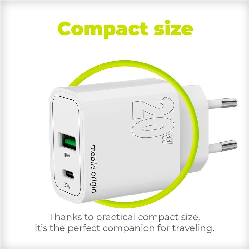 Mobile Origin MO12 20W Vegglader m. 1x USB-A & 1x USB-C - Hvit