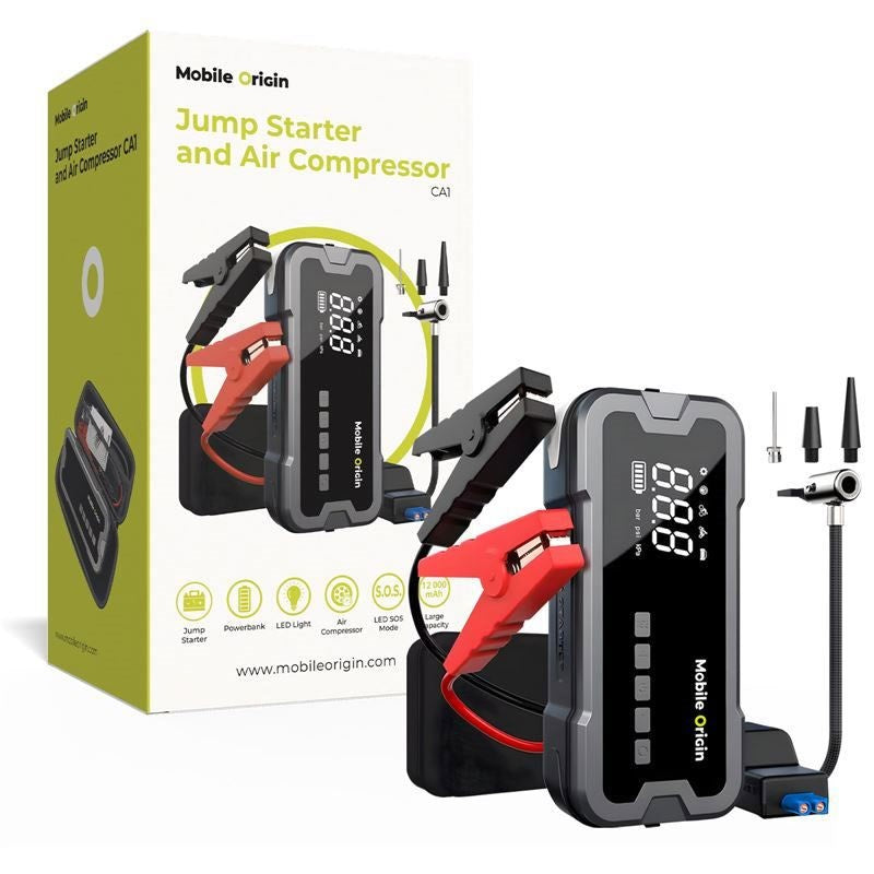 Mobile Origin 2-i-1 Jumpstarter & Kompressor med Tilbehør – Svart