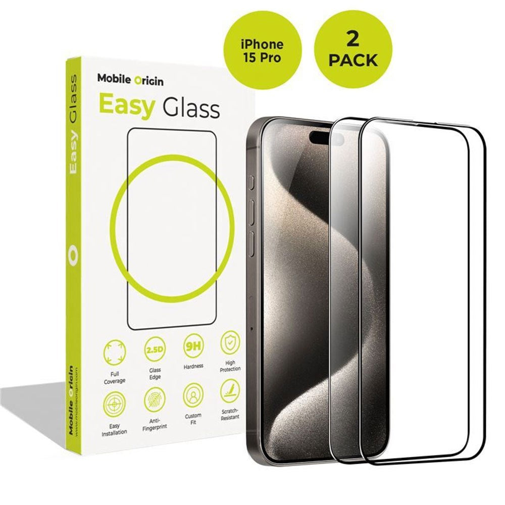 iPhone 15 Pro Mobile Origin EasyGlass Beskyttelsesglass - 2 stk - Gjennomsiktig / Svart Kant