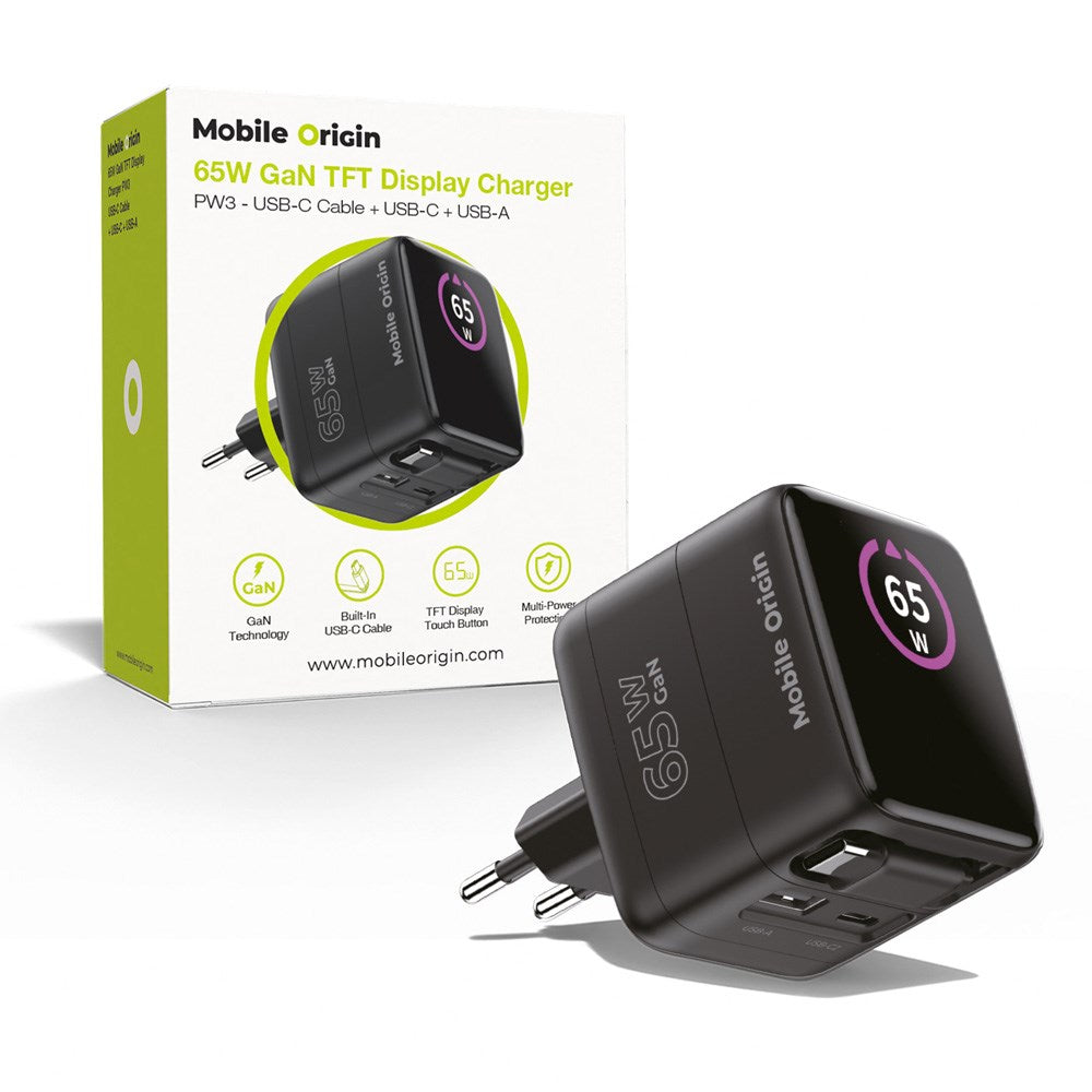 Mobile Origin GaN 65W Display Vegglader m. 1 x USB-A / 1 x USB-C / 1 x Uttrekkbart USB-C Kabel - Svart