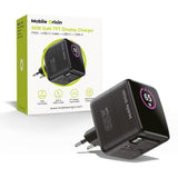 Mobile Origin GaN 65W Display Vegglader m. 1 x USB-A / 1 x USB-C / 1 x Uttrekkbart USB-C Kabel - Svart