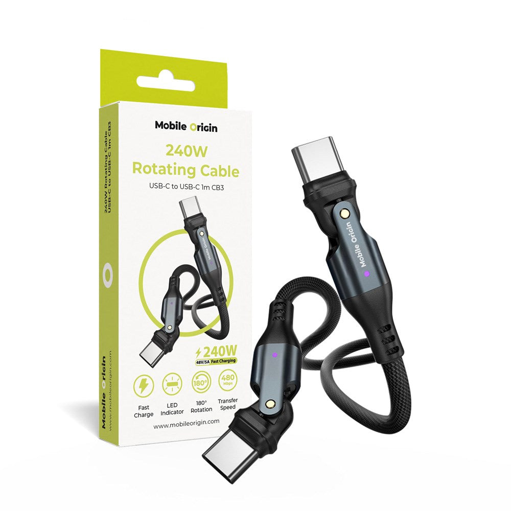 Mobile Origin 240W Roterende USB-C til USB-C Kabel - 1m - Svart