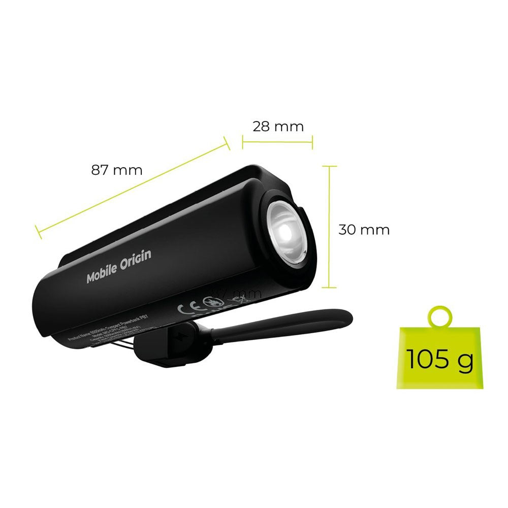 Mobile Origin 5000 mAh PowerBank m. Lommelykt & USB-C Kabel - Svart