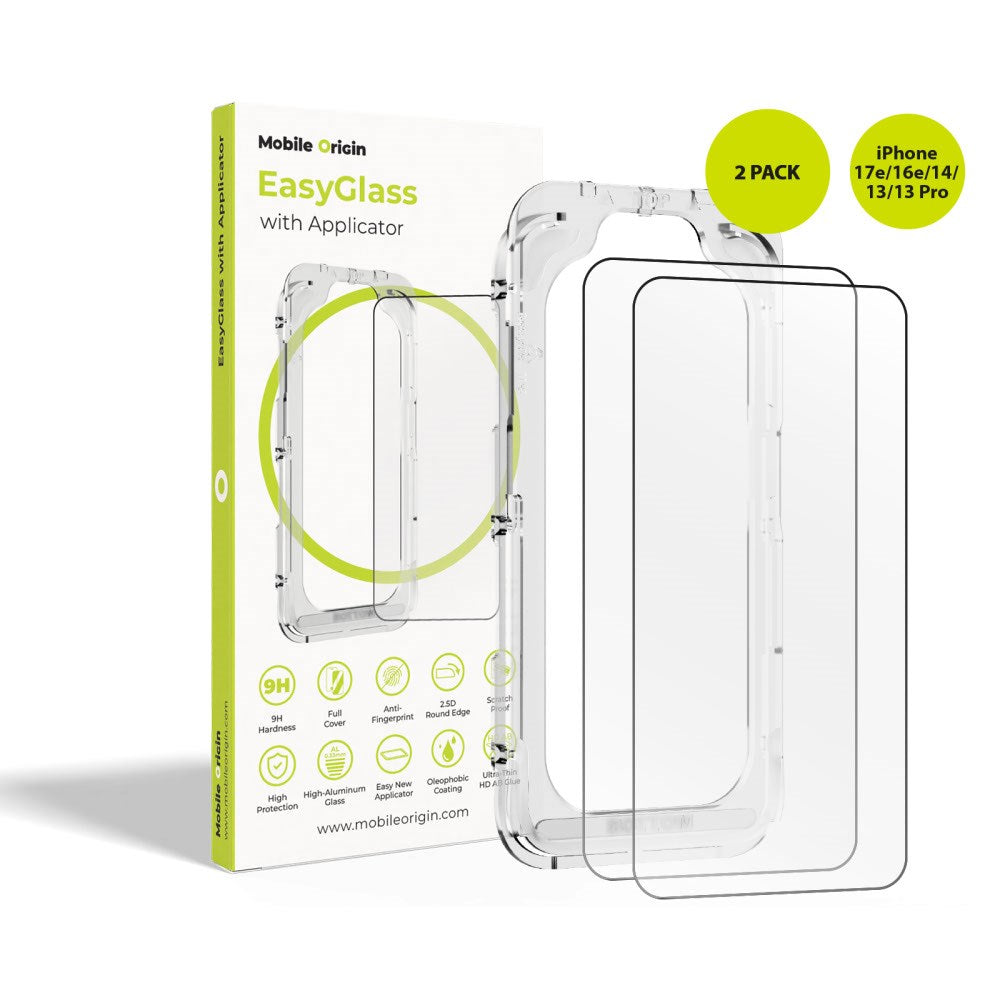 iPhone 17e / 16e / 14 / 13 / 13 Pro Mobile Origin EasyGlass Skjermbeskyttelsesglass - 2 stk. - Gjennomsiktig