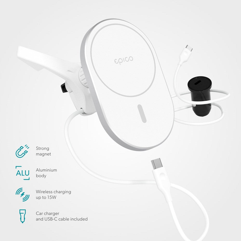 Epico Magnetisk Mobiltelefonholder for Bil m. 15W Trådløs Lading og 18W Billader - MagSafe-Kompatibel - Hvit