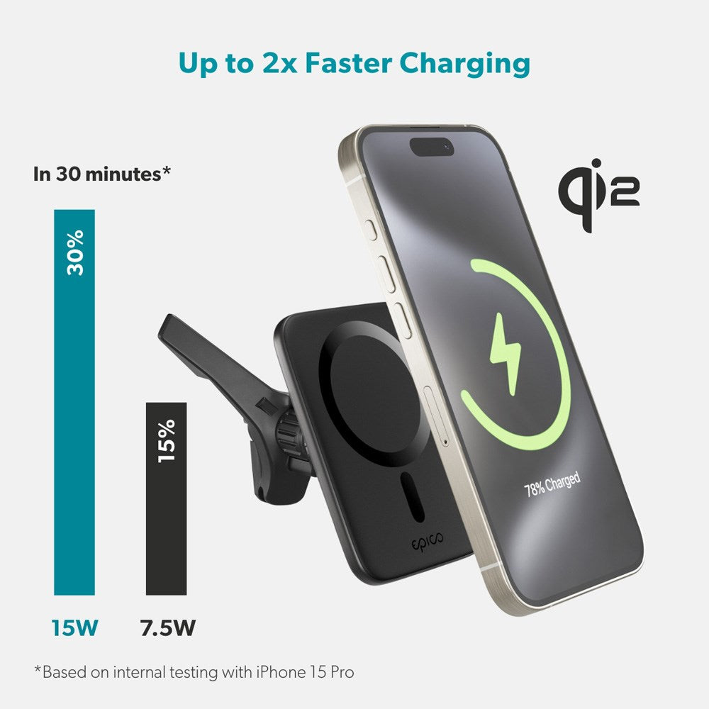 Epico Qi2 Mag+ Mobillader for Bil - 15W Trådløs Lading - MagSafe Kompatibel - Svart