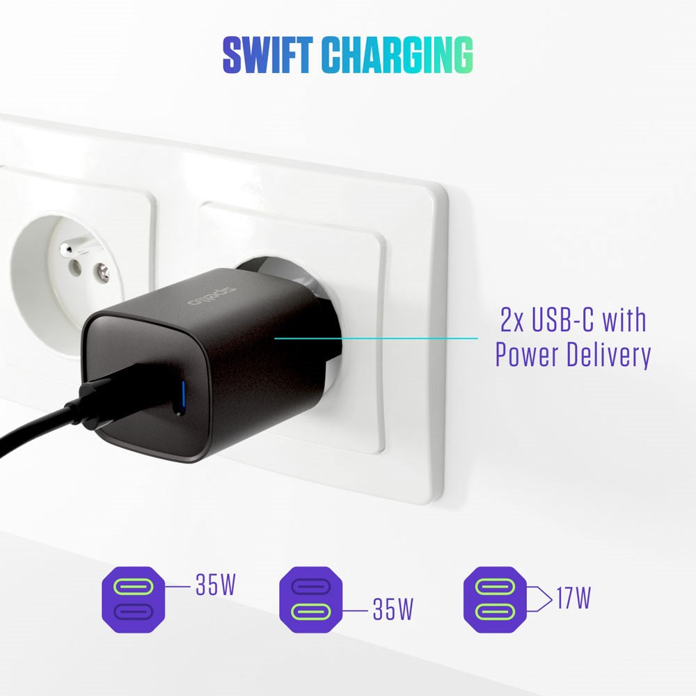 Spello 35W PD (Power Delivery) Väggladdare med 2 x USB-C - Svart