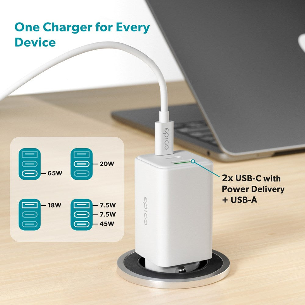 Epico UltraBoost GaN 65W Vegglader - 2x USB-C / 1x USB-A - Hvit